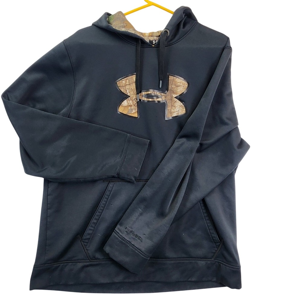 Under Armour Black Camo Logo Hoodie Storm Fleece Mens XL Hunting Gorpcore Rugged